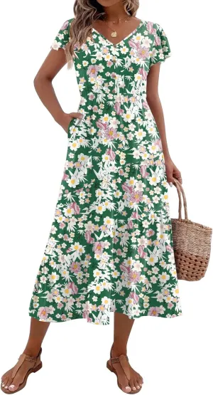 Zeagoo Women's Summer Casual Dress Flutter Short Sleeve V Neck Button Down Tiered Flowy Long Dress with Pockets