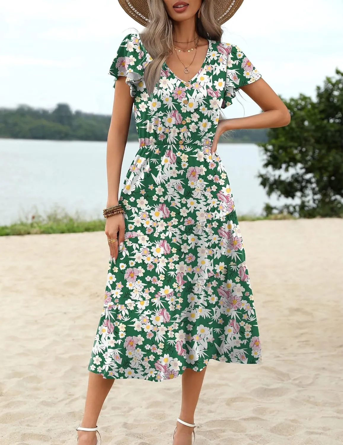 Zeagoo Women's Summer Casual Dress Flutter Short Sleeve V Neck Button Down Tiered Flowy Long Dress with Pockets