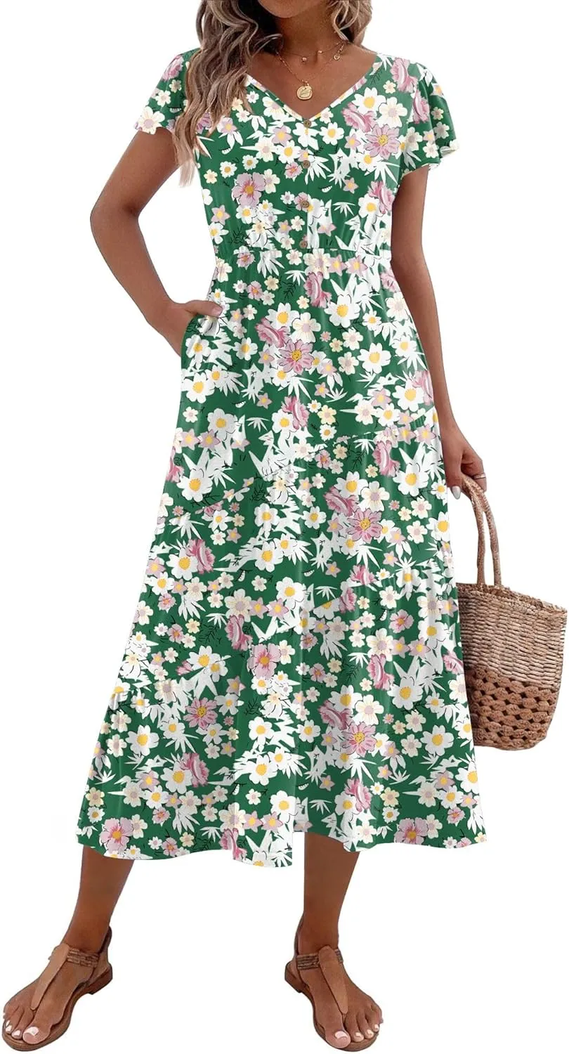 Zeagoo Women's Summer Casual Dress Flutter Short Sleeve V Neck Button Down Tiered Flowy Long Dress with Pockets