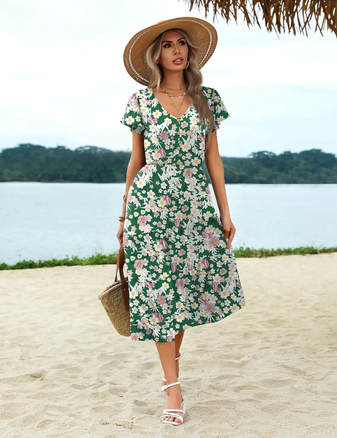 Zeagoo Women's Summer Casual Dress Flutter Short Sleeve V Neck Button Down Tiered Flowy Long Dress with Pockets