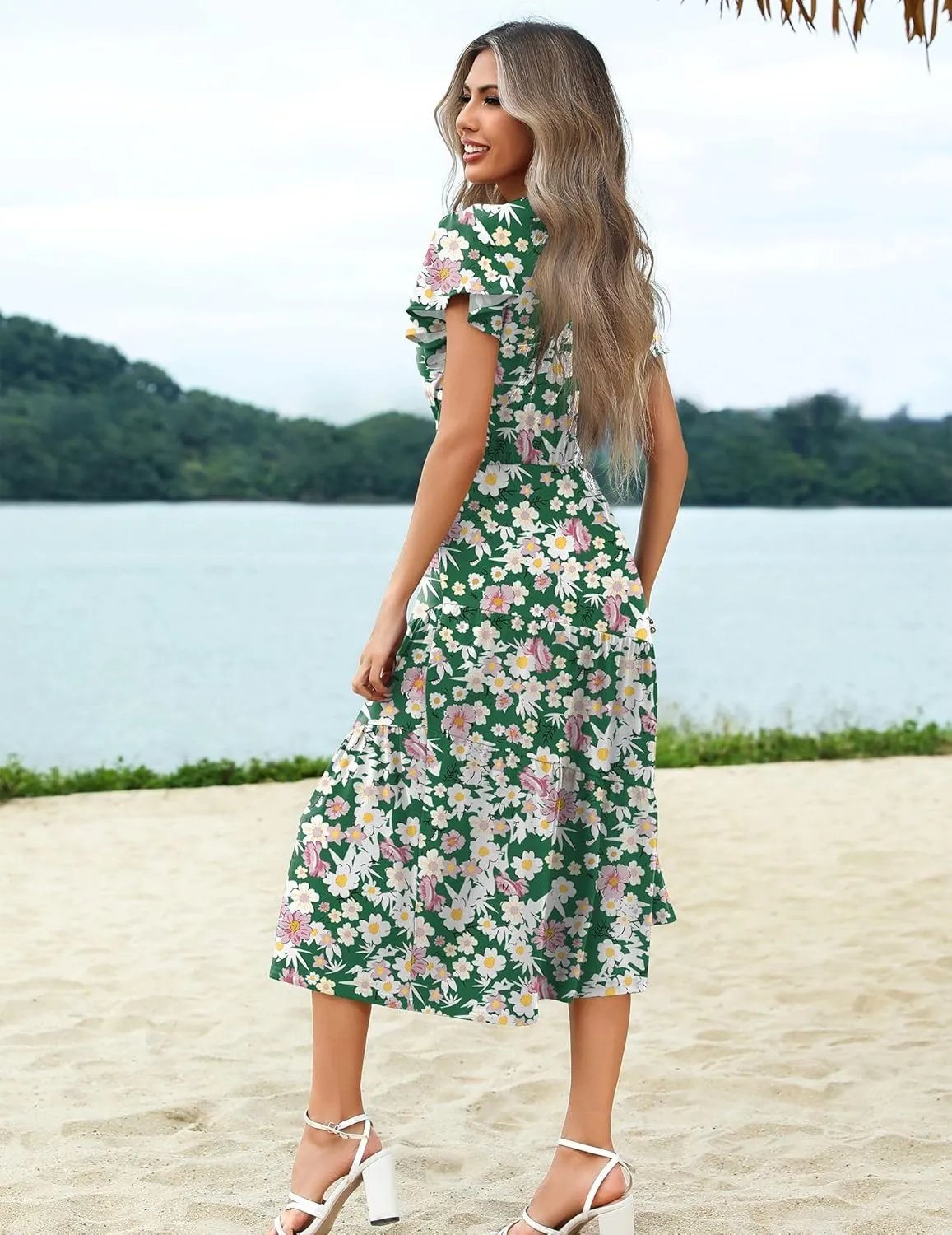 Zeagoo Women's Summer Casual Dress Flutter Short Sleeve V Neck Button Down Tiered Flowy Long Dress with Pockets