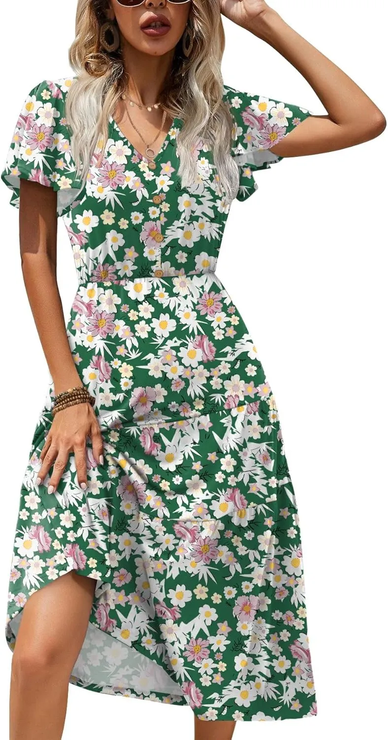 Zeagoo Women's Summer Casual Dress Flutter Short Sleeve V Neck Button Down Tiered Flowy Long Dress with Pockets
