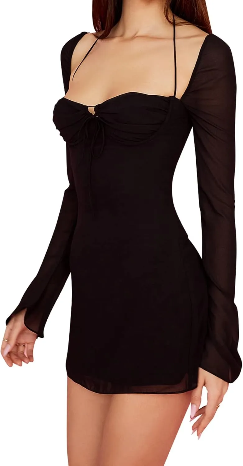Zebaexf Women's Mesh Dress Long Puff Sleeve Mini Bodycon Sweet Neck Party Mini Dresses for Women