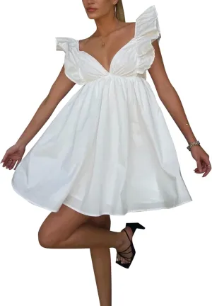 Zebaexf Womens Spring Summer V Neck Knot Back Causal Strap Short Flowy Swing Mini Dress
