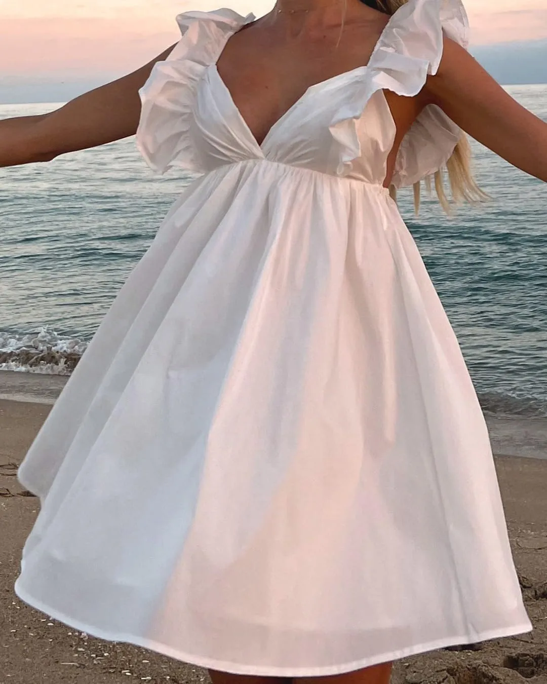 Zebaexf Womens Spring Summer V Neck Knot Back Causal Strap Short Flowy Swing Mini Dress