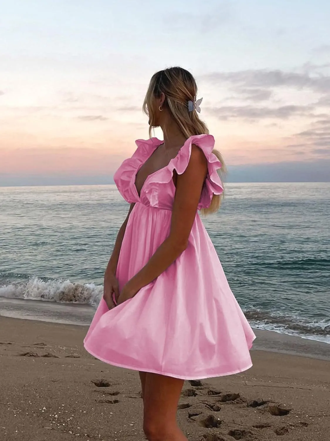 Zebaexf Womens Spring Summer V Neck Knot Back Causal Strap Short Flowy Swing Mini Dress