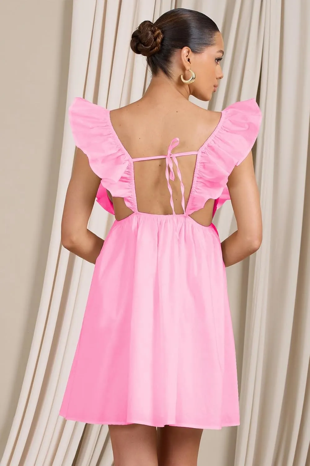 Zebaexf Womens Spring Summer V Neck Knot Back Causal Strap Short Flowy Swing Mini Dress