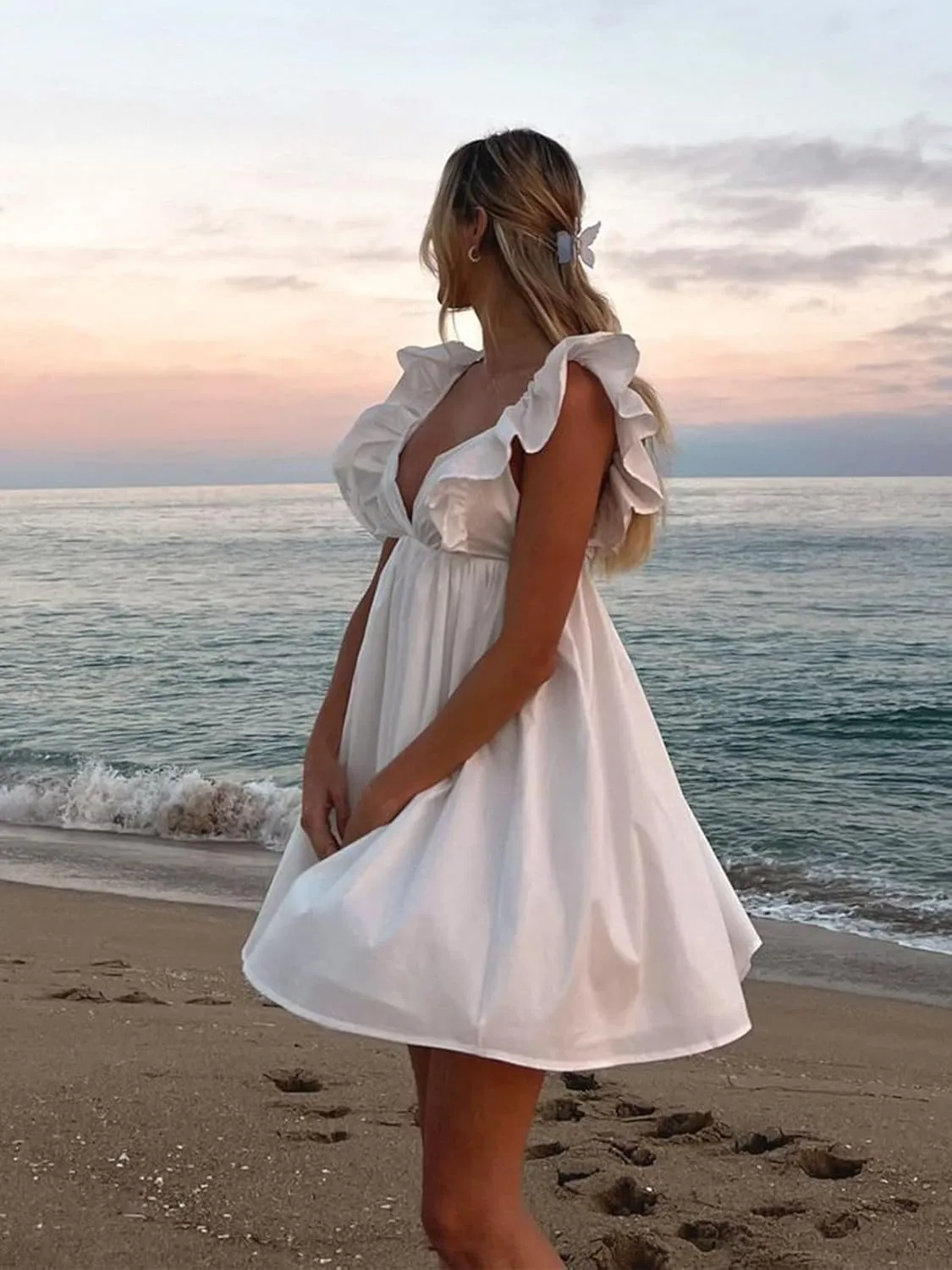 Zebaexf Womens Spring Summer V Neck Knot Back Causal Strap Short Flowy Swing Mini Dress
