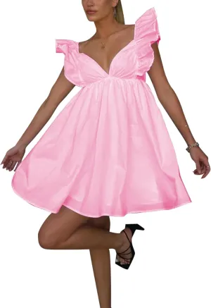 Zebaexf Womens Spring Summer V Neck Knot Back Causal Strap Short Flowy Swing Mini Dress